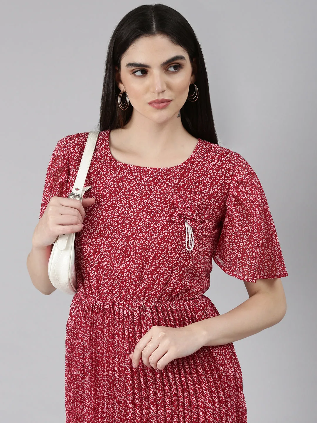 Stylish Pick Love Soft Women's Maroon Floral Printed Flared Sleeves Georgette Fit & Flare Dress