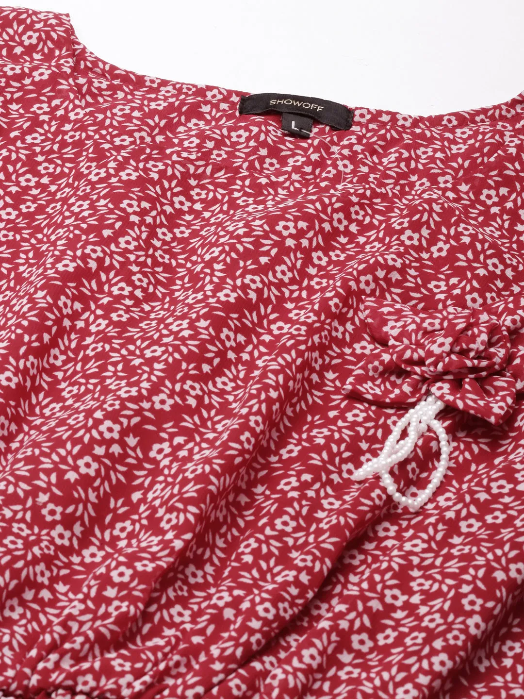 Minimalist Elegance relaxed elegance Women's Maroon Floral Printed Flared Sleeves Georgette Fit & Flare Dress