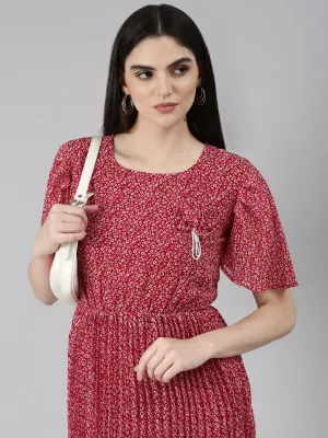 Stylish Pick Love Soft Women's Maroon Floral Printed Flared Sleeves Georgette Fit & Flare Dress