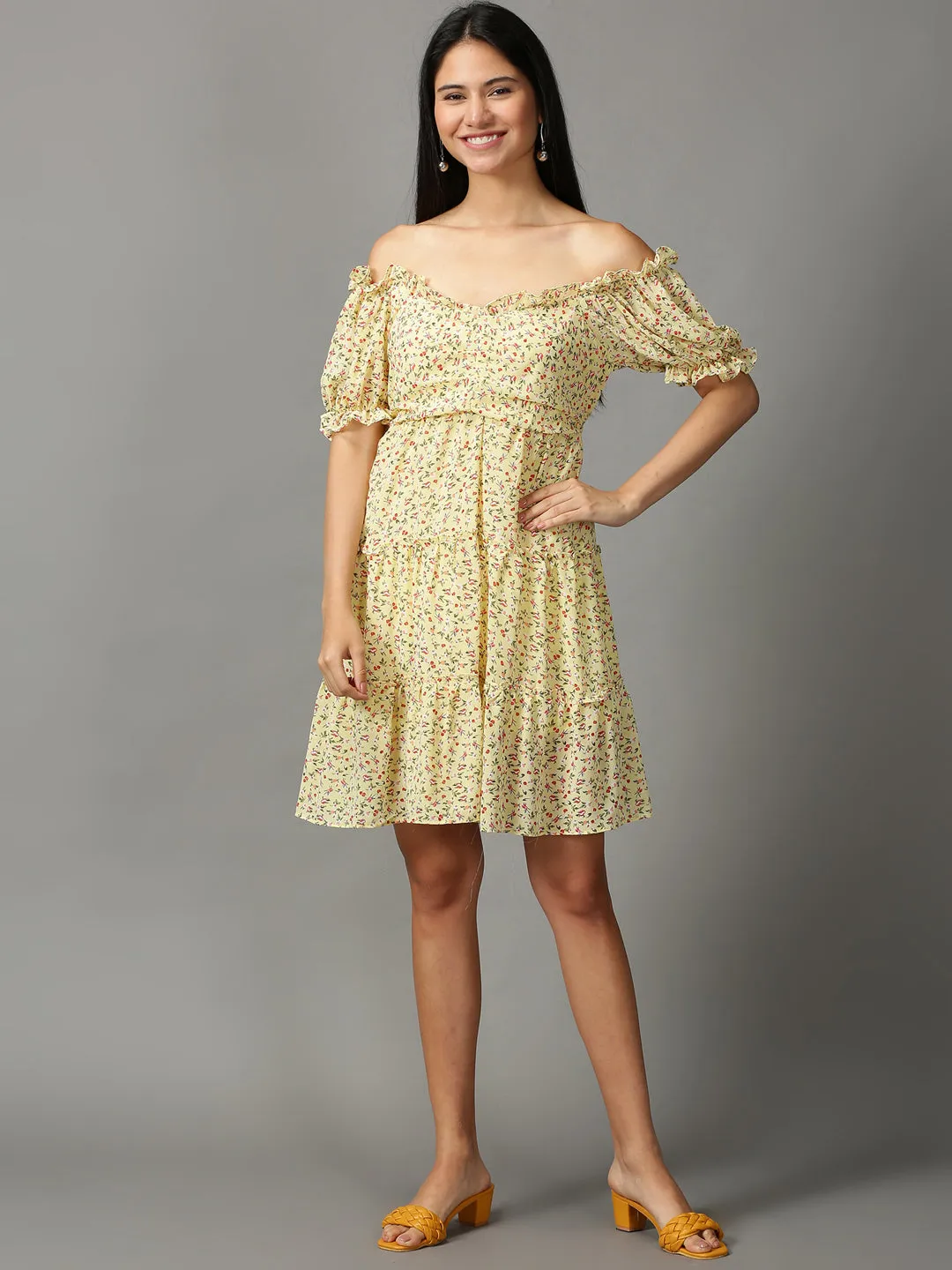Feminine Structure Classic Appeal Women's Yellow Floral Off-Shoulder Ethnic Dress