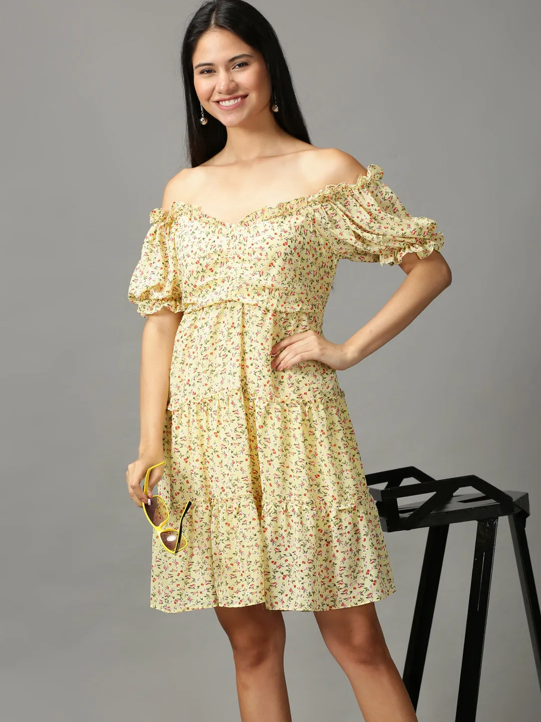 Fluid Shape Women's Yellow Floral Off-Shoulder Ethnic Dress