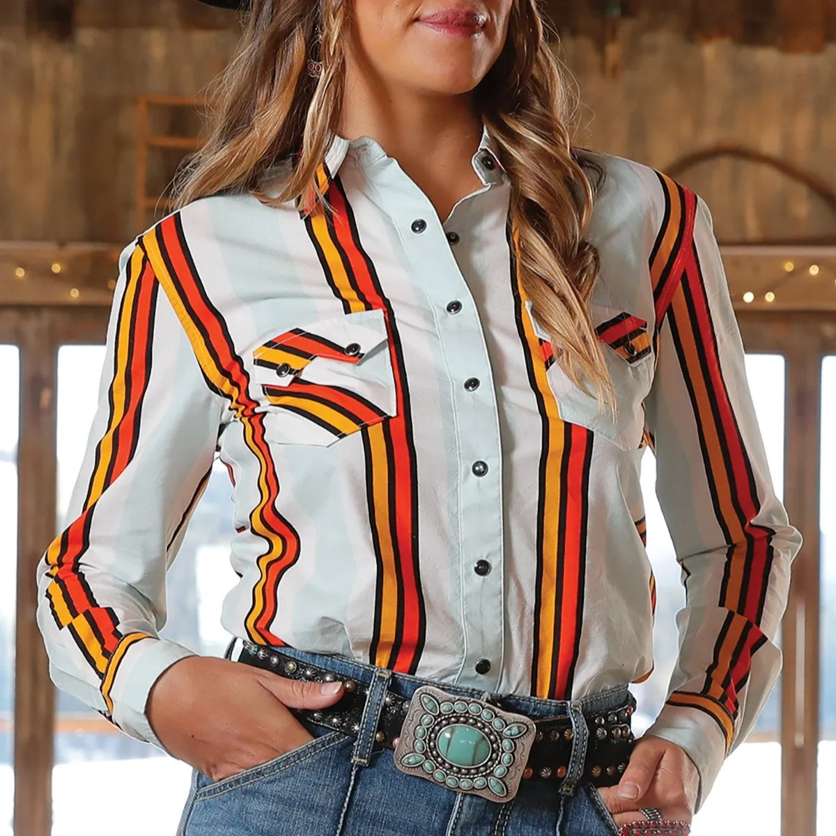 Tagless Neckline Soft Breathable Cruel Women's L/S Boyfriend Fit Retro Stripes Western Snap Shirt in Light Blue