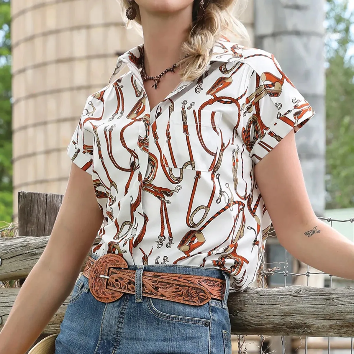 Cruel Women's Short Sleeve Bridle Print Girlfriend Button Down Shirt Basic Wardrobe Piece