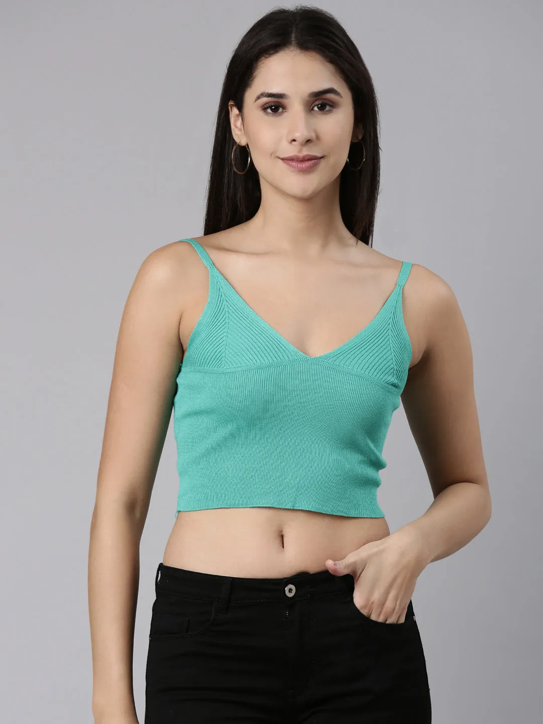 Women's Sea Green Shoulder Straps V-Neck Acrylic Crop Top Classic Comfort OdorResistant Fabric