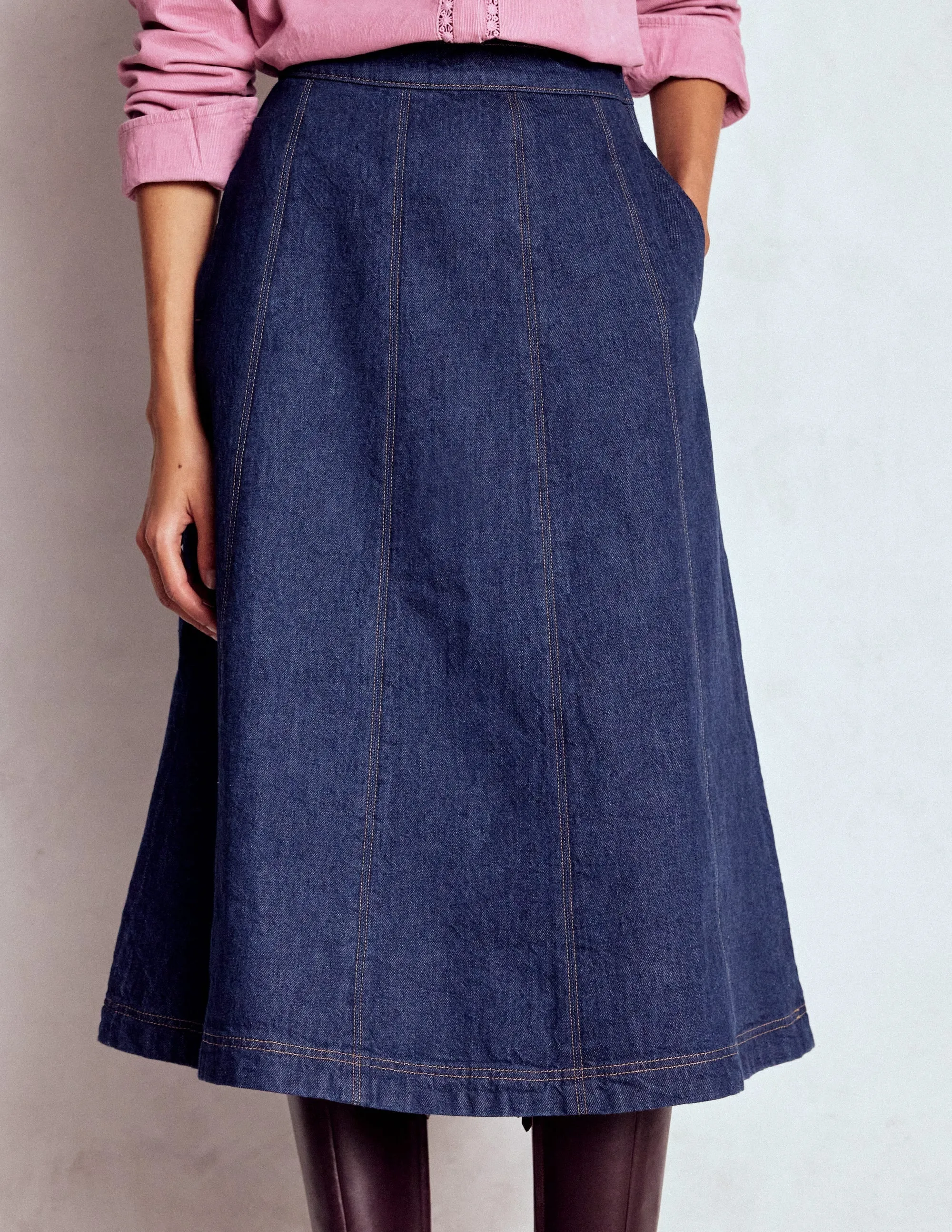 Convertible Length Joy Panelled Denim Skirt-indigo