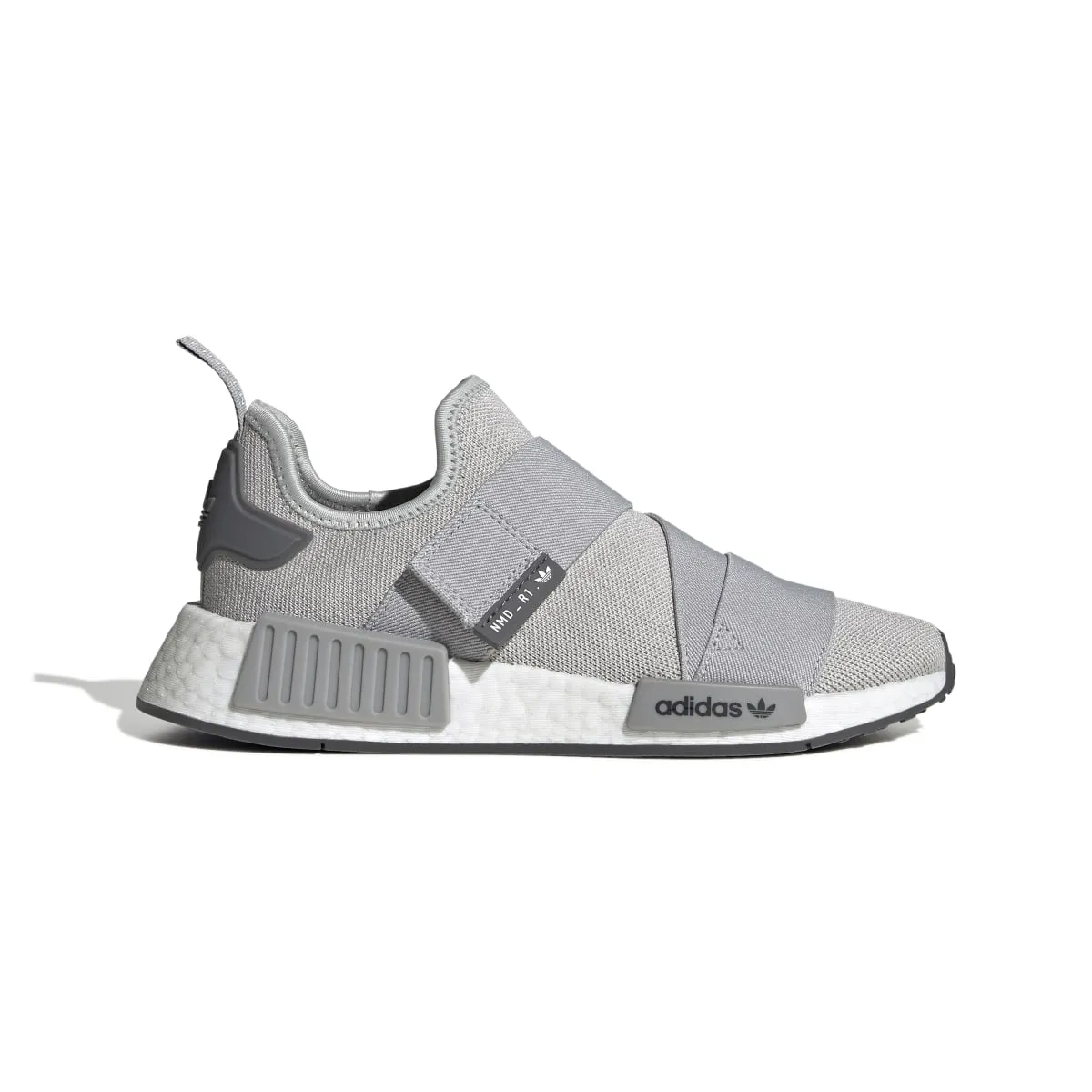 Bright - colored ADIDAS GW9470 NMD_R1 STRAP WMN'S (Medium)  Gray/White/Gray Stretch Knit Running Shoes