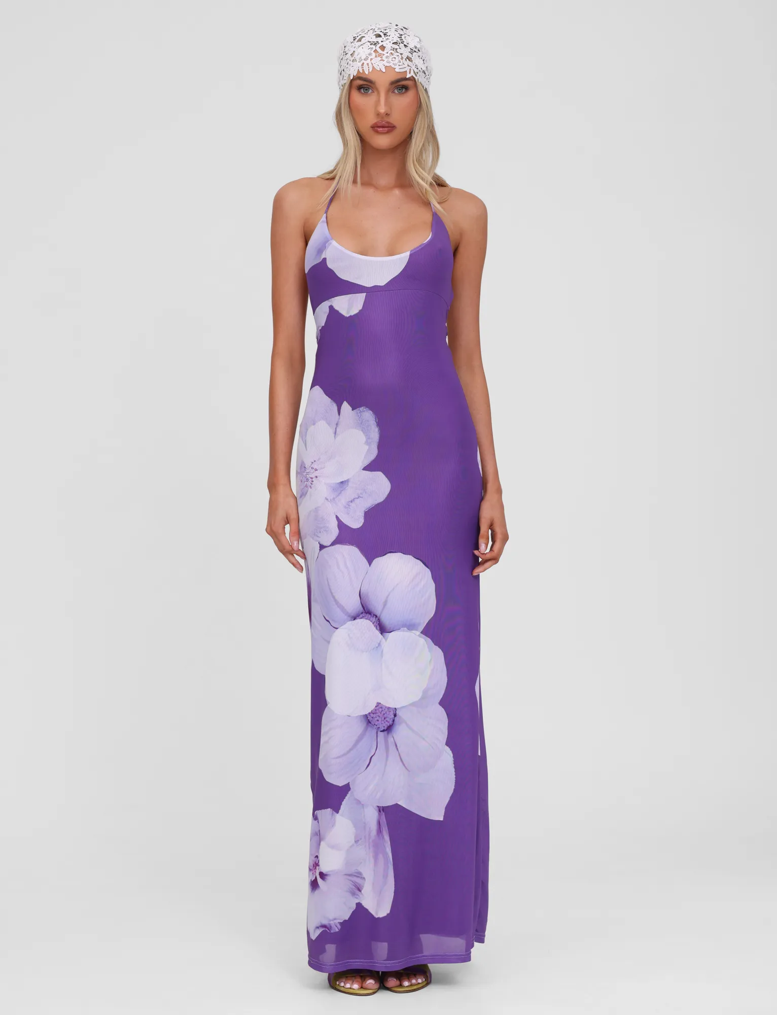 NOUR MESH MAXI DRESS - PURPLE MACRO FLORAL Wide Hemline
