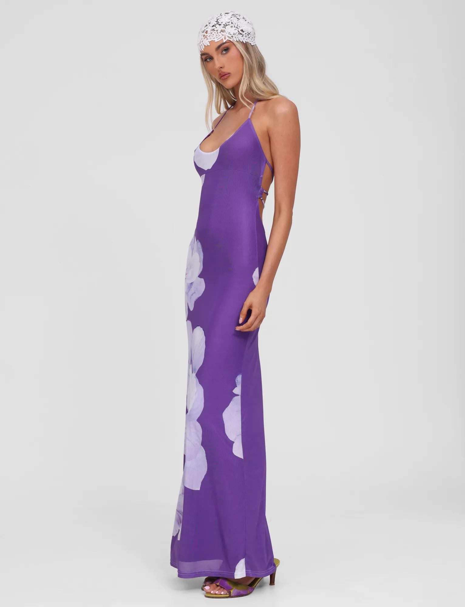Breathable NOUR MESH MAXI DRESS - PURPLE MACRO FLORAL