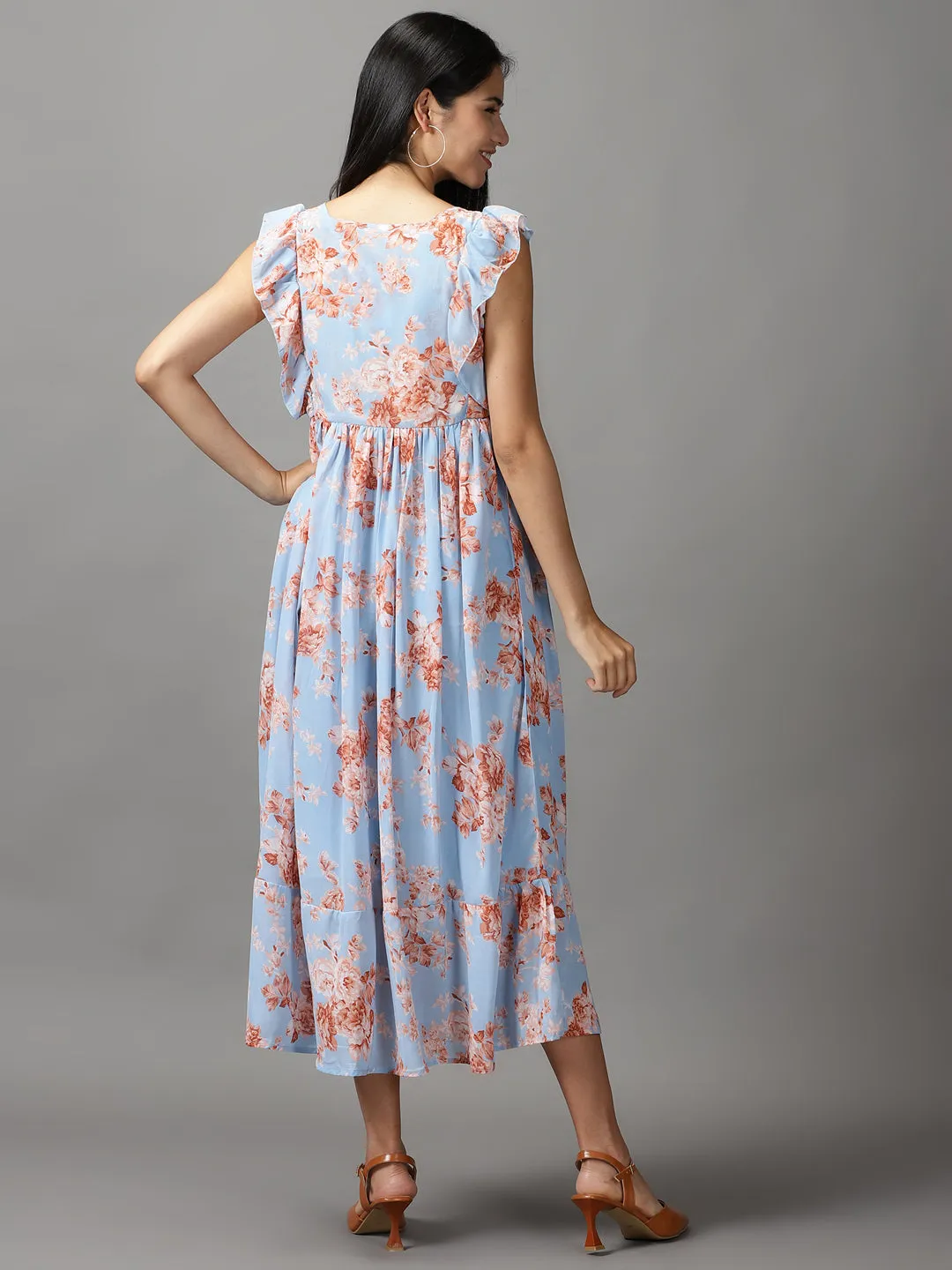 Women's Blue Floral Printed Gathered Fit & Flare Dress Bold Look Feminine Line