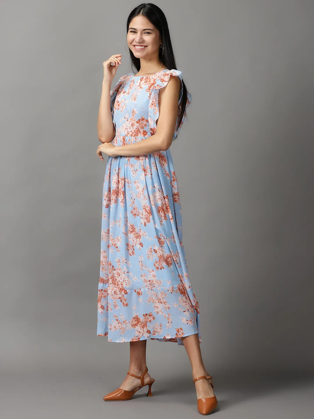 Perfect Waist Women's Blue Floral Printed Gathered Fit & Flare Dress