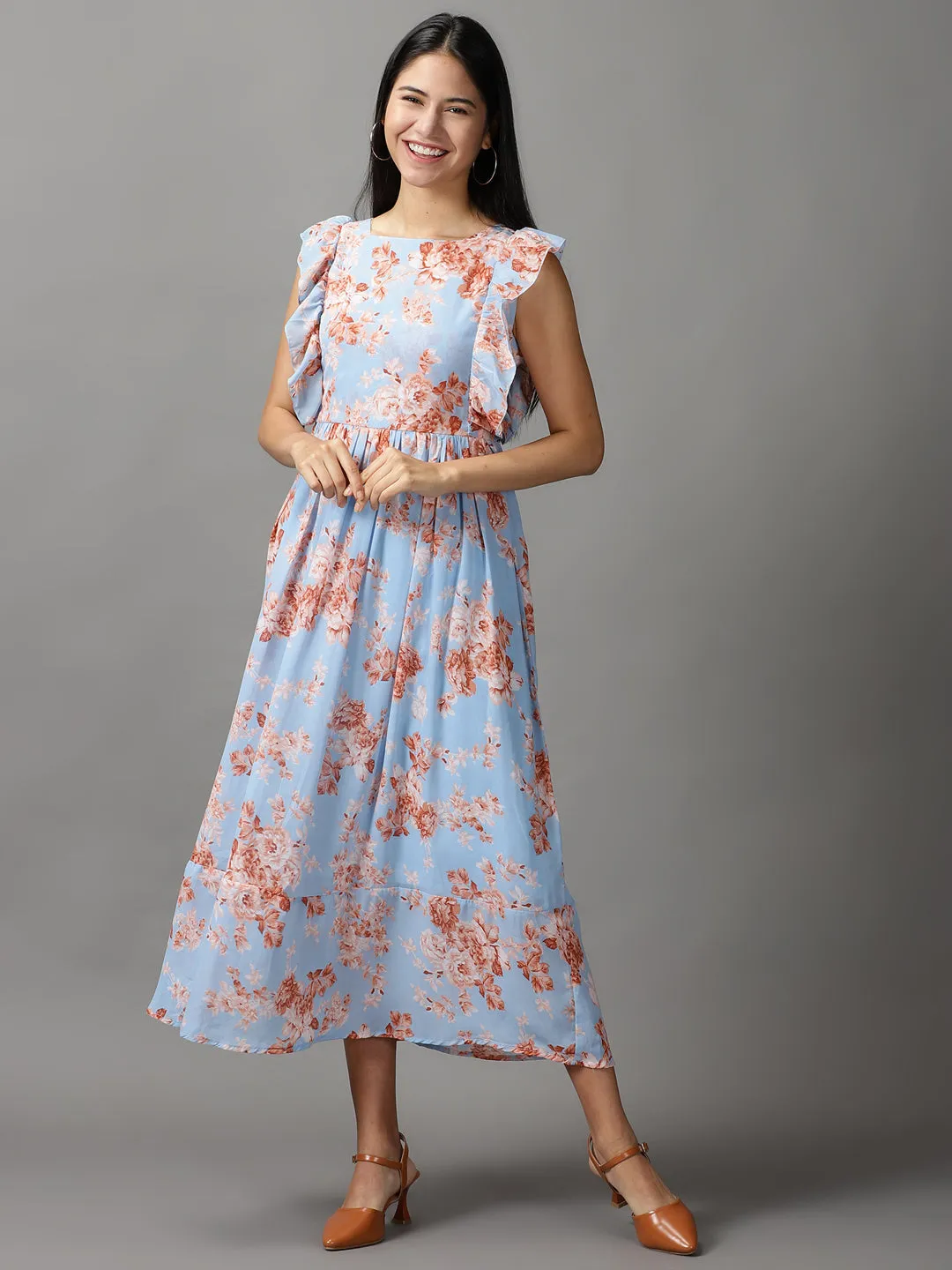 Organic-Fabric Fall Comfort Women's Blue Floral Printed Gathered Fit & Flare Dress