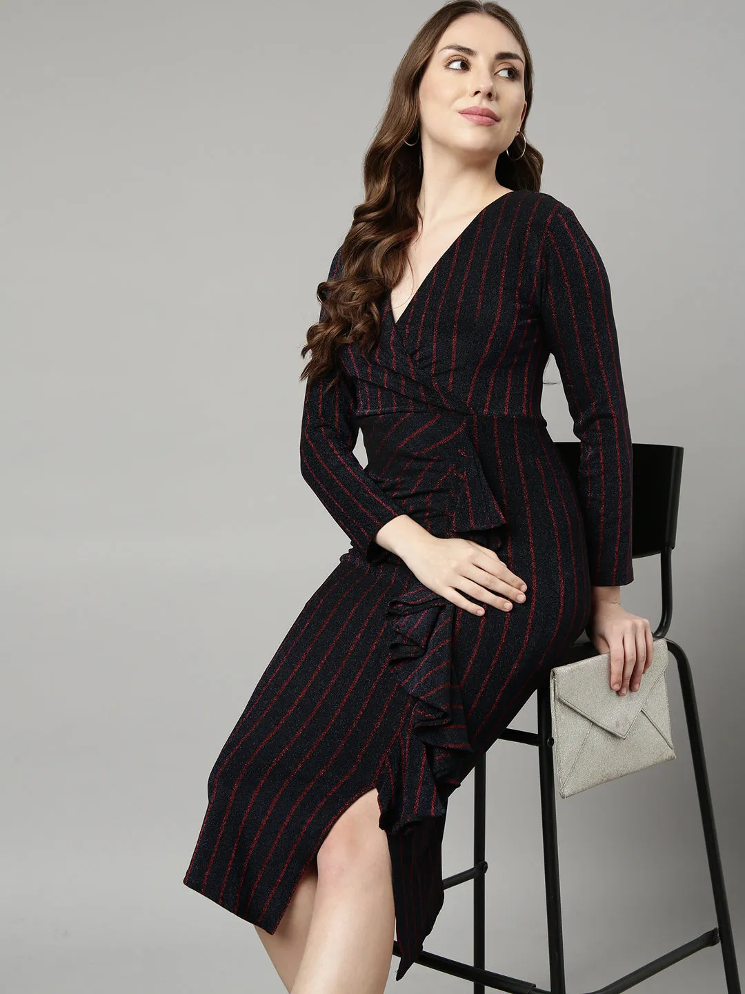 Women's Navy Blue Striped V Neck Long Sleeves Bodycon Midi Dress Soft Drape