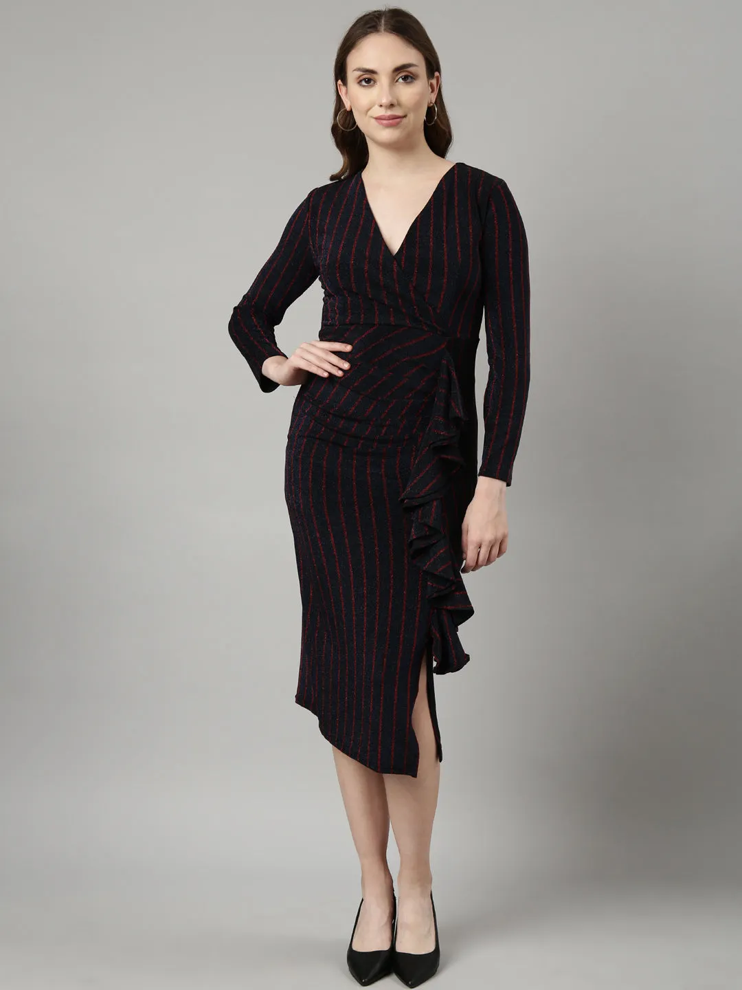 Lightweight Comfort Light Outfit Women's Navy Blue Striped V Neck Long Sleeves Bodycon Midi Dress