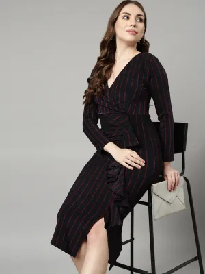 Women's Navy Blue Striped V Neck Long Sleeves Bodycon Midi Dress Soft Drape