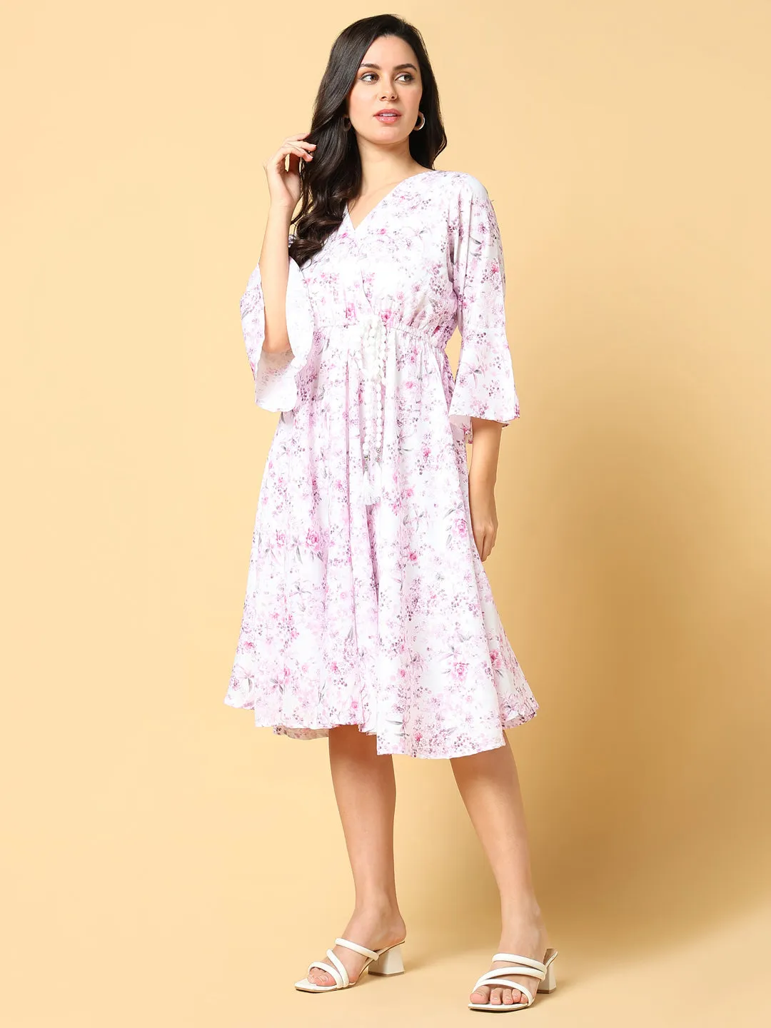 Fall Outfit Night Charm Women's Pink Floral Printed Cotton Bell Sleeve Fit & Flare Knee Length Dress