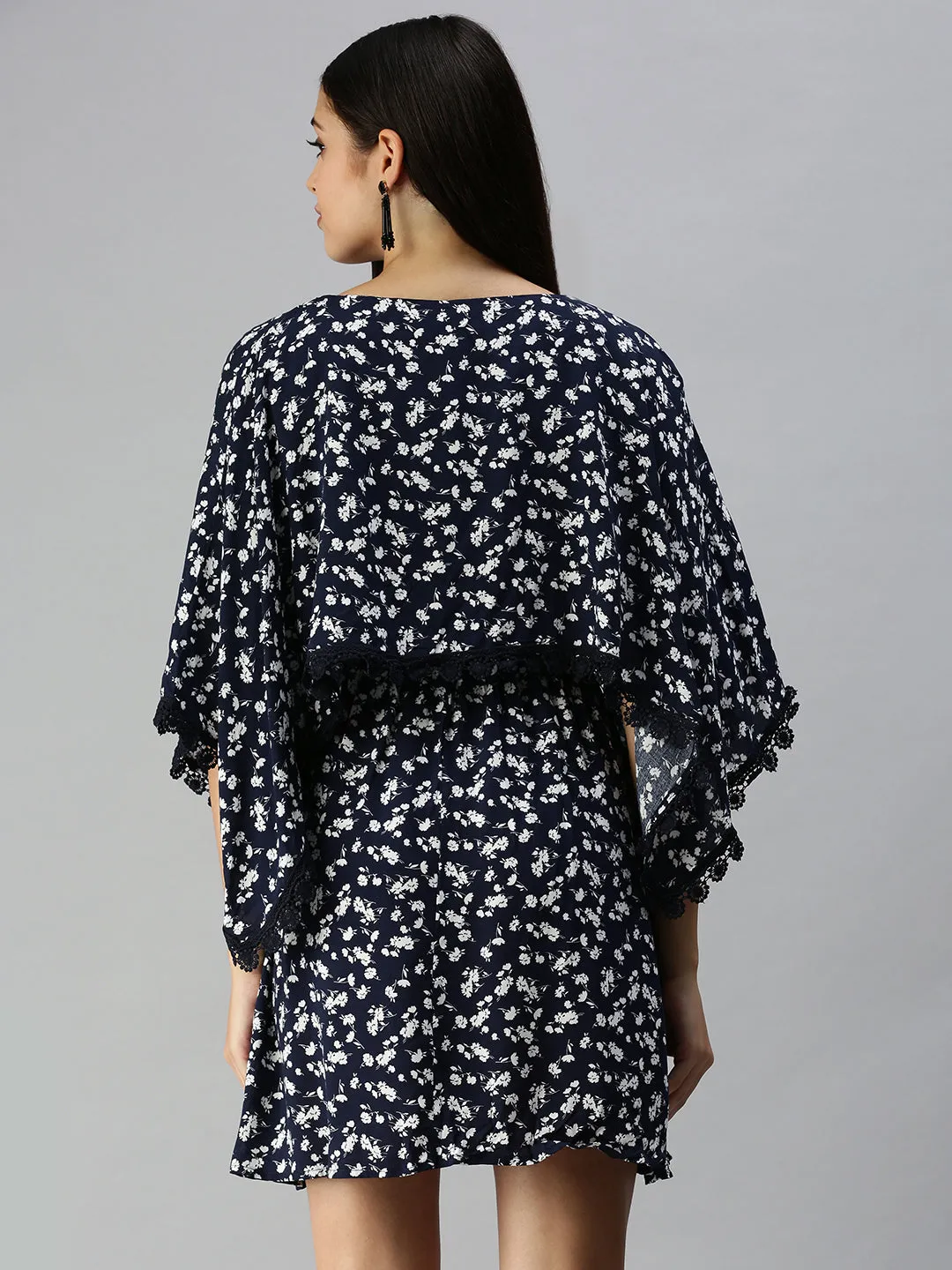 Women's Navy Blue Floral A-Line Dress Satin-Sleeve