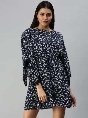 Casual and Stylish Linen Soft Women's Navy Blue Floral A-Line Dress