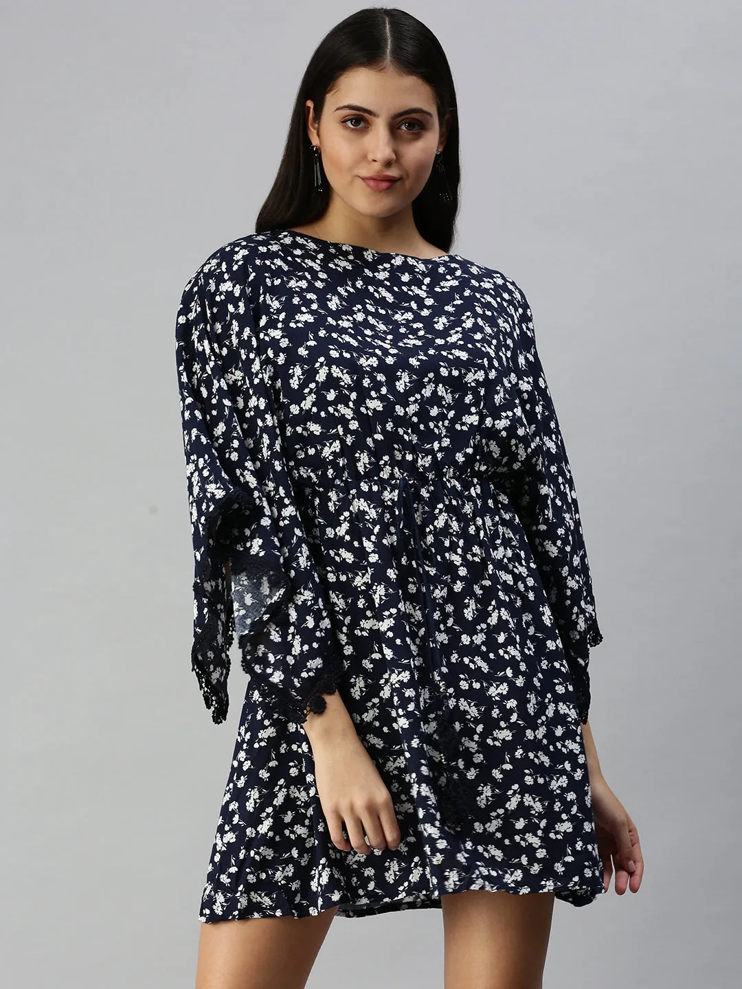 Casual and Stylish Linen Soft Women's Navy Blue Floral A-Line Dress