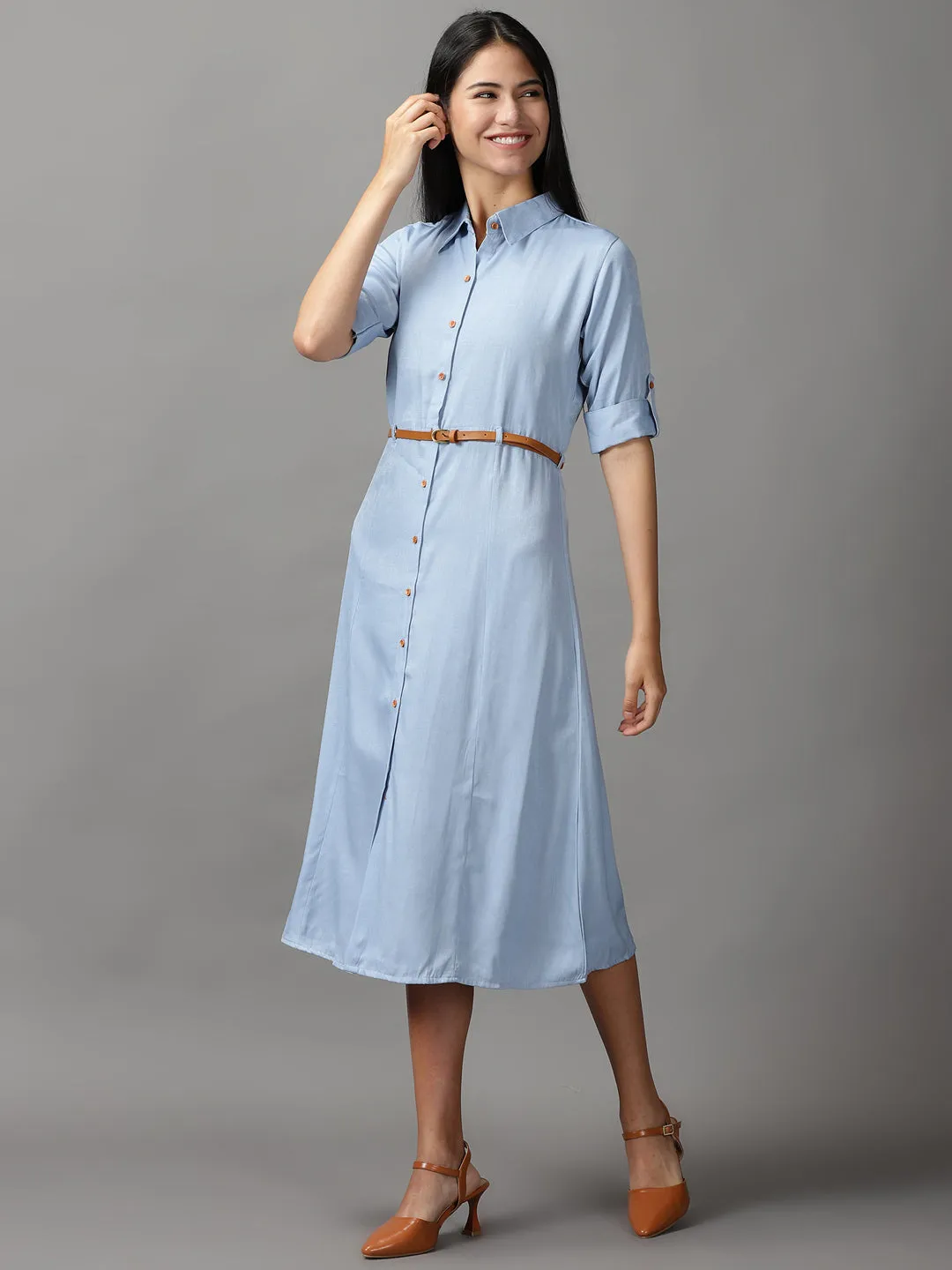 Women's Blue Shirt Fit & Flare Midi Dress Versatile Comfort Wear