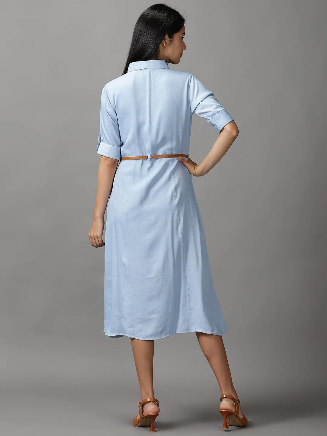 Flattering Waist Women's Blue Shirt Fit & Flare Midi Dress