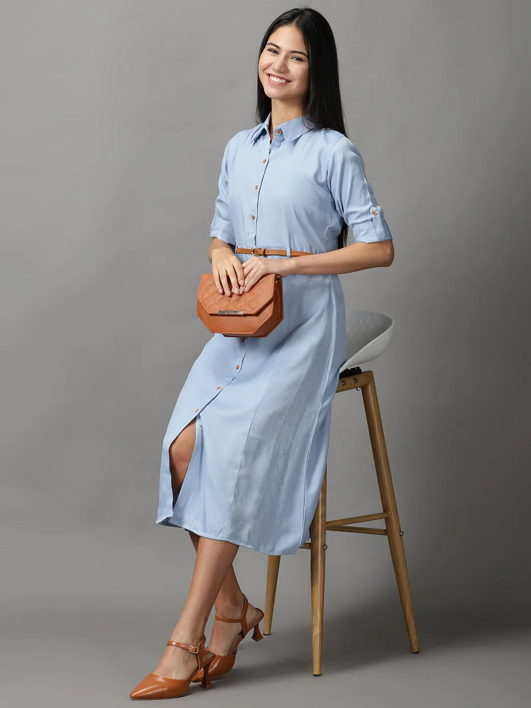 Women's Blue Shirt Fit & Flare Midi Dress flowy style