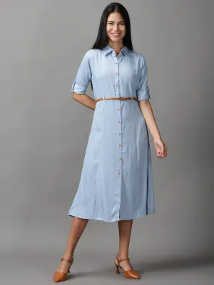 Women's Blue Shirt Fit & Flare Midi Dress packable Comfortable Silhouette