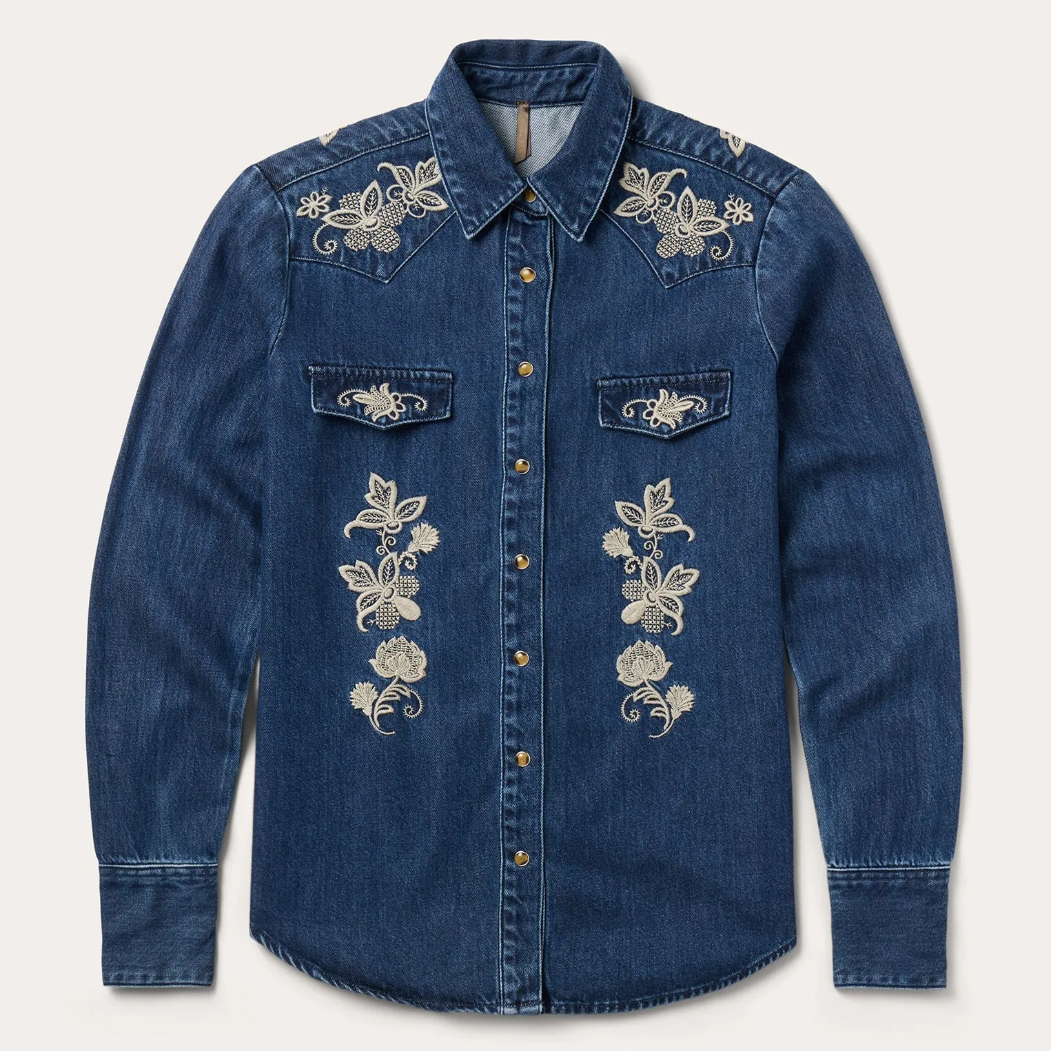 Stetson Women's L/S Floral Embroidered Denim Western Snap Shirt in Dark Wash Seasonal Comfort Style Quick Dry Wear