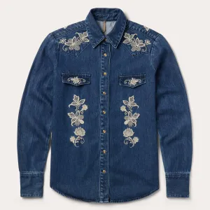 Stetson Women's L/S Floral Embroidered Denim Western Snap Shirt in Dark Wash Seasonal Comfort Style Quick Dry Wear