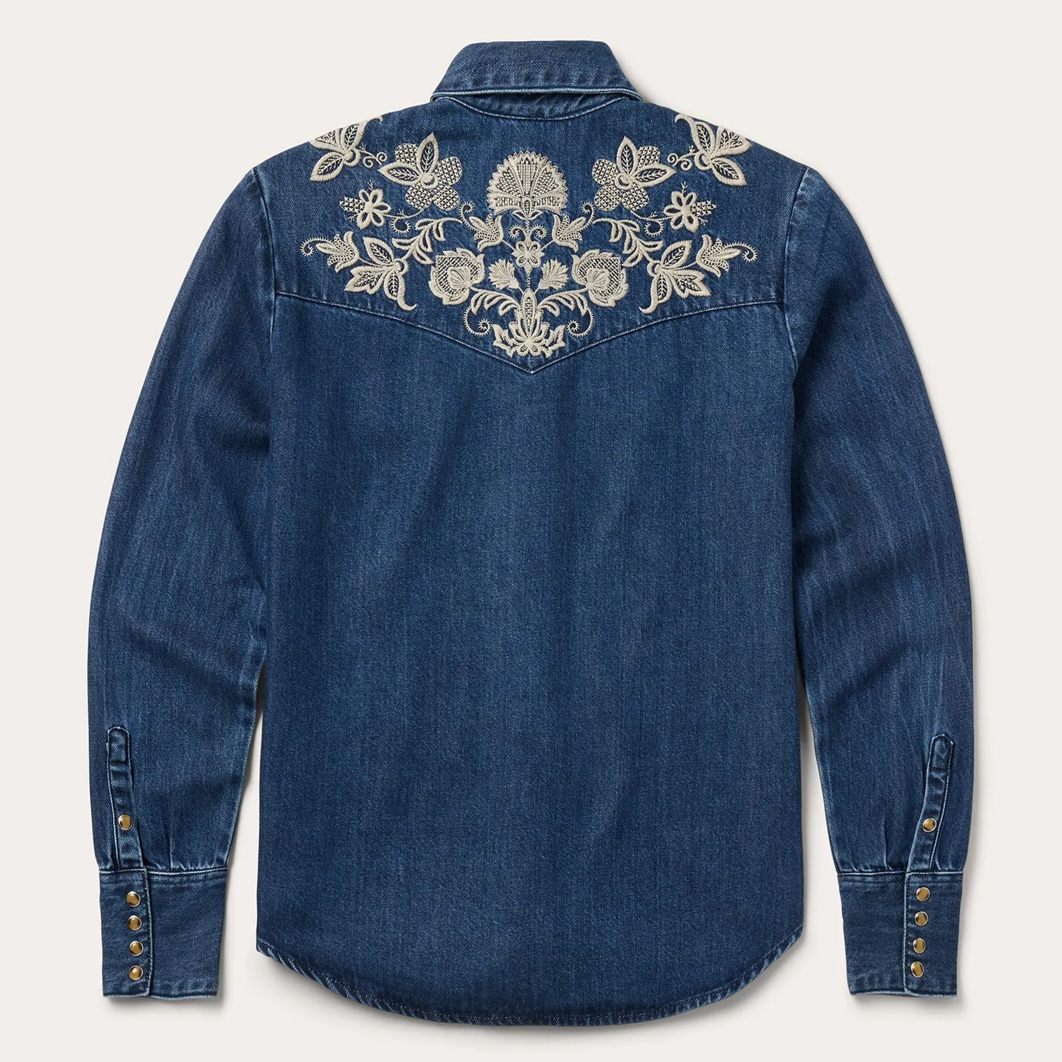 Stetson Women's L/S Floral Embroidered Denim Western Snap Shirt in Dark Wash Unisex