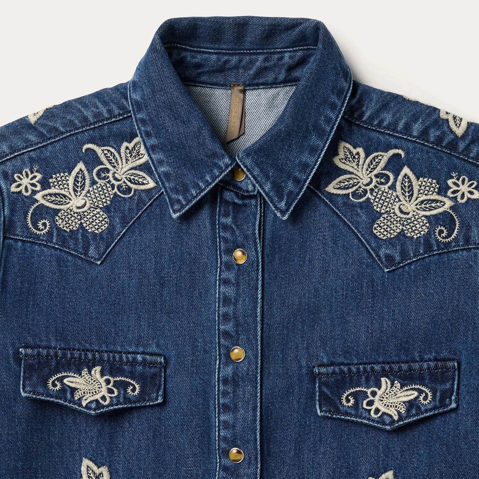 Stetson Women's L/S Floral Embroidered Denim Western Snap Shirt in Dark Wash Cozy Flex