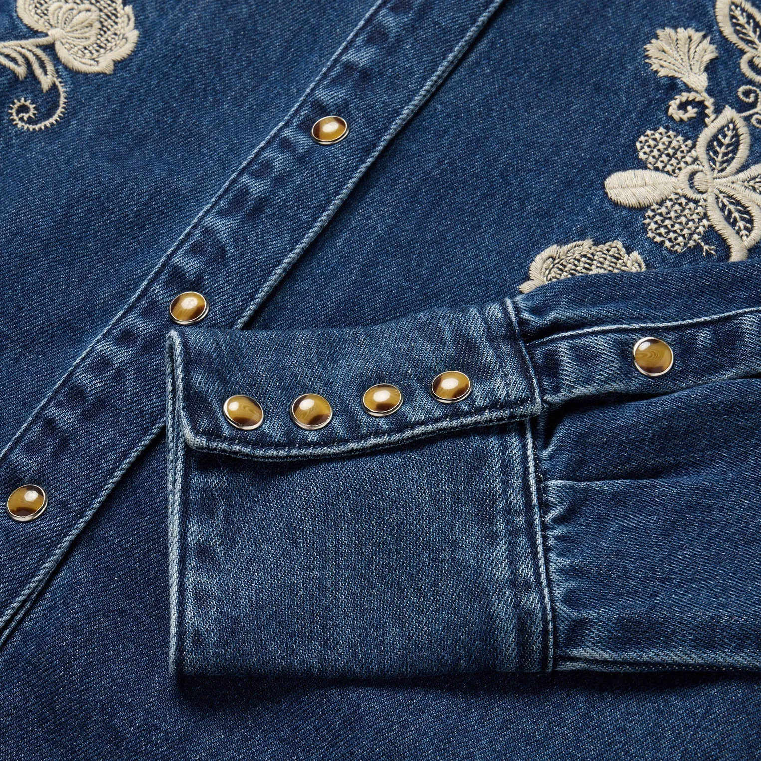 casual top Stetson Women's L/S Floral Embroidered Denim Western Snap Shirt in Dark Wash