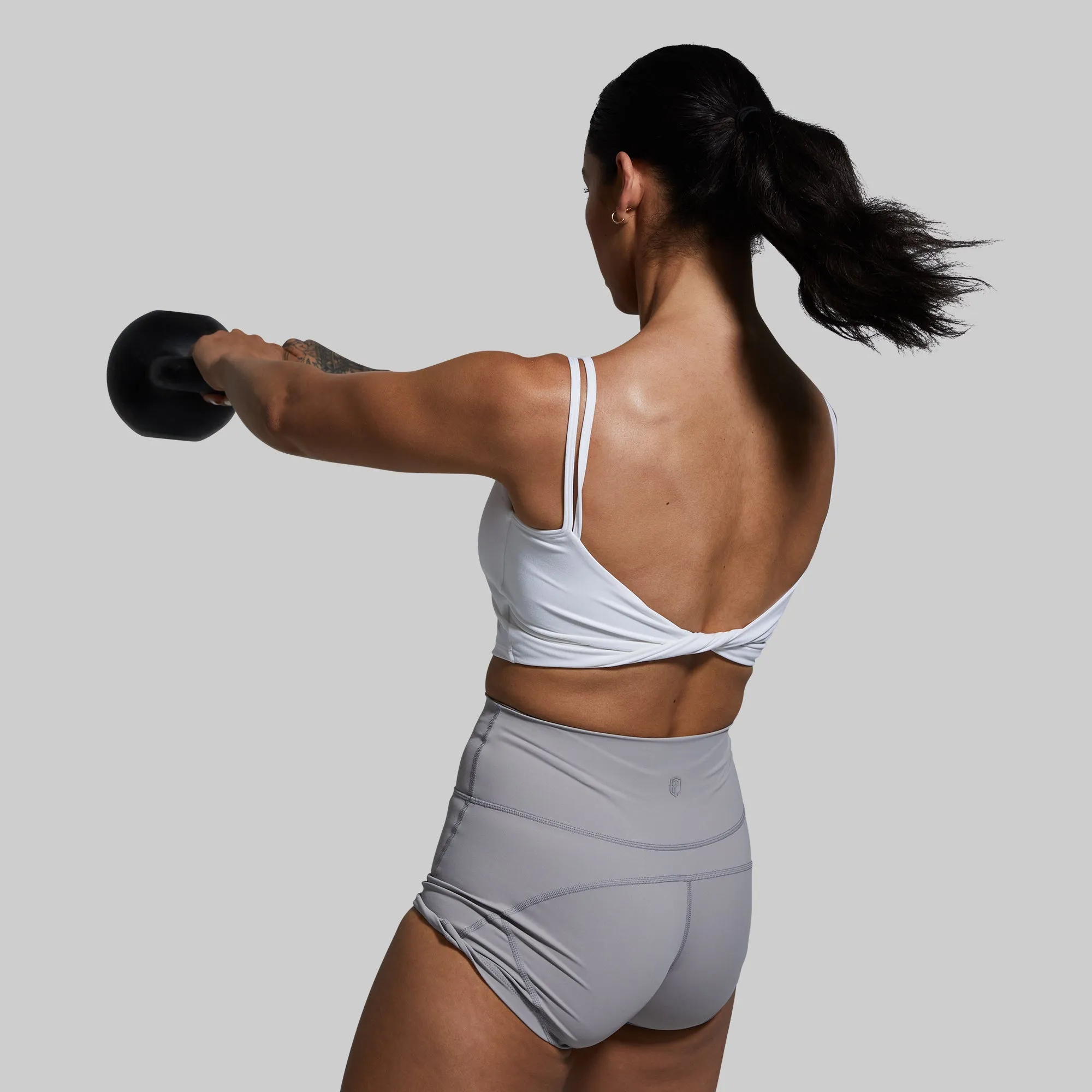 Don't Get It Twisted Sports Bra (White) Scoop neck seams