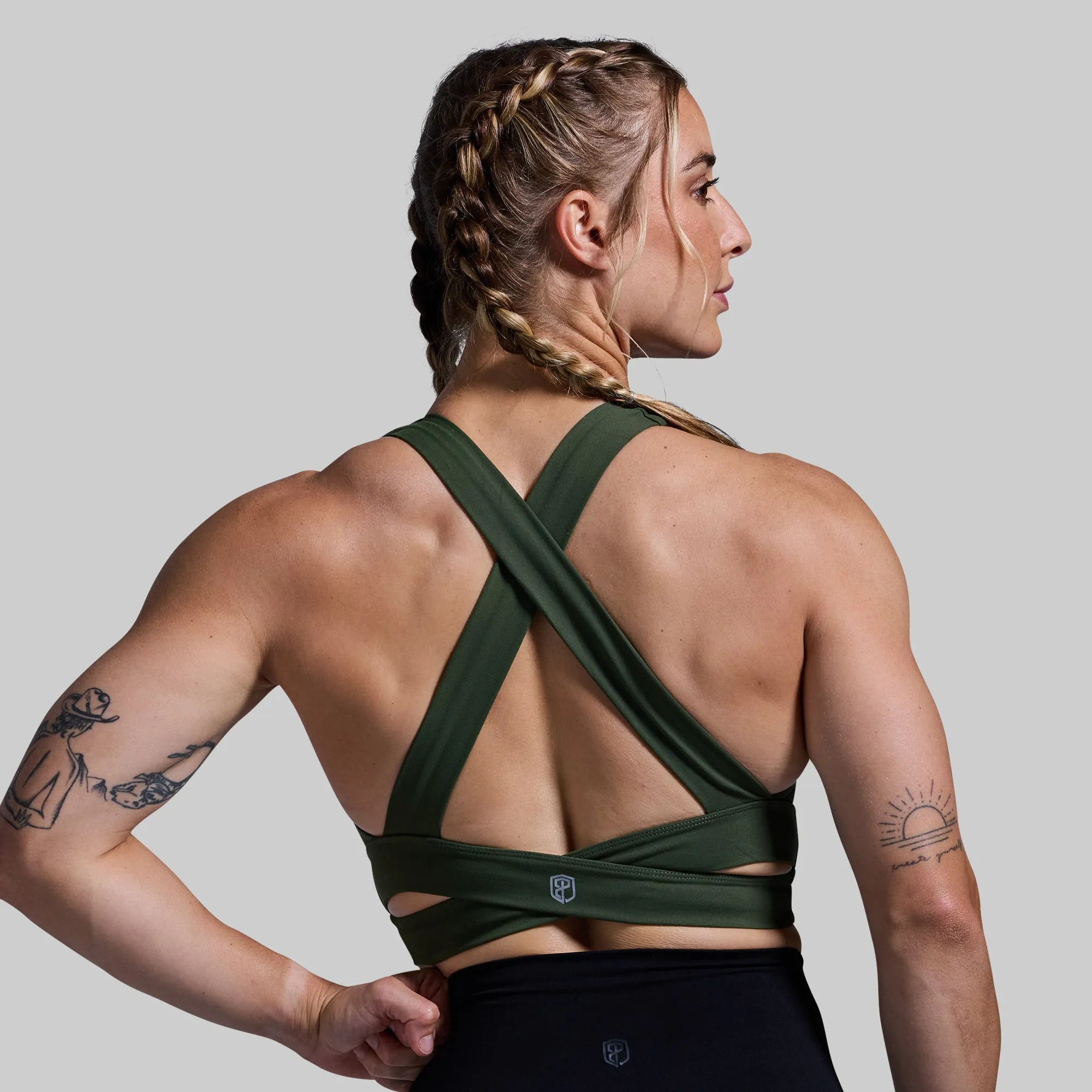 Tasseled edges Soft Structure Double Cross Sports Bra (Tactical Green)