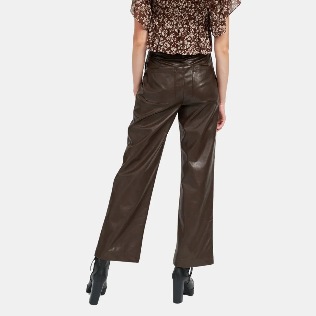 Gusseted Crotch Sleek Appearance Wide Leg Leather Pants (Chocolate)