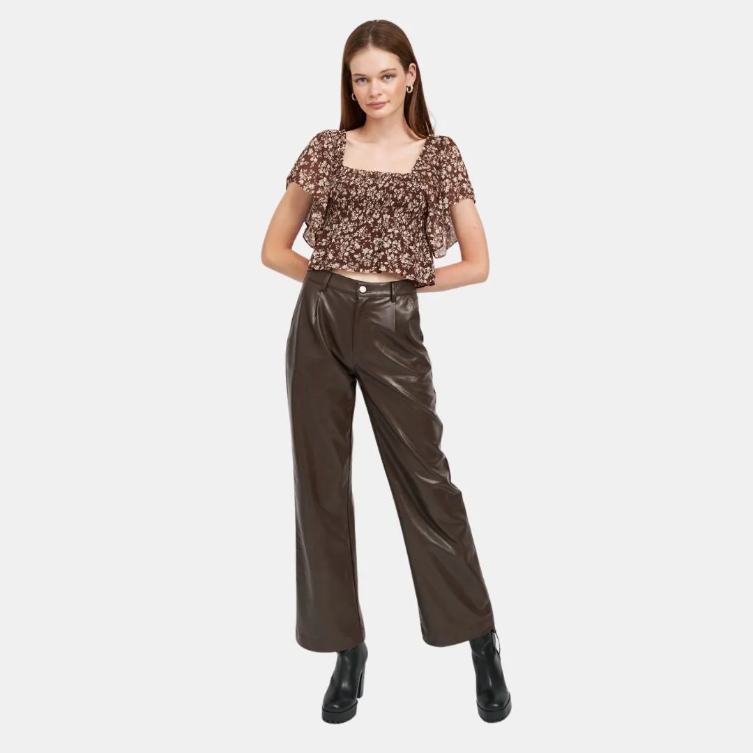 Easy Stretch Fit Quality Fabric Wide Leg Leather Pants (Chocolate)