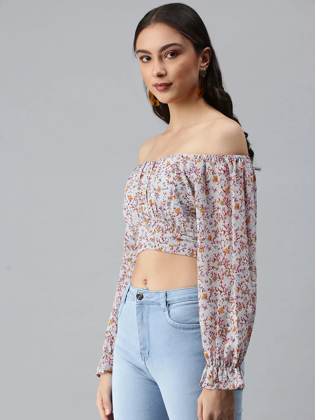 Women's Grey Floral Print One Shoulder Georgette Styled Back Crop Top AllDay Comfort