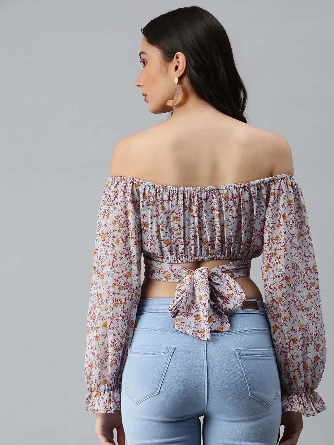 Women's Grey Floral Print One Shoulder Georgette Styled Back Crop Top Sleek Performance Fit Weekend Smart Look