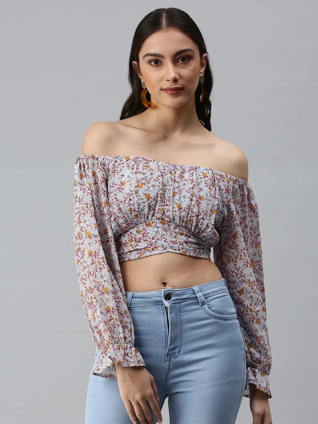 SoftenedNeckline Women's Grey Floral Print One Shoulder Georgette Styled Back Crop Top