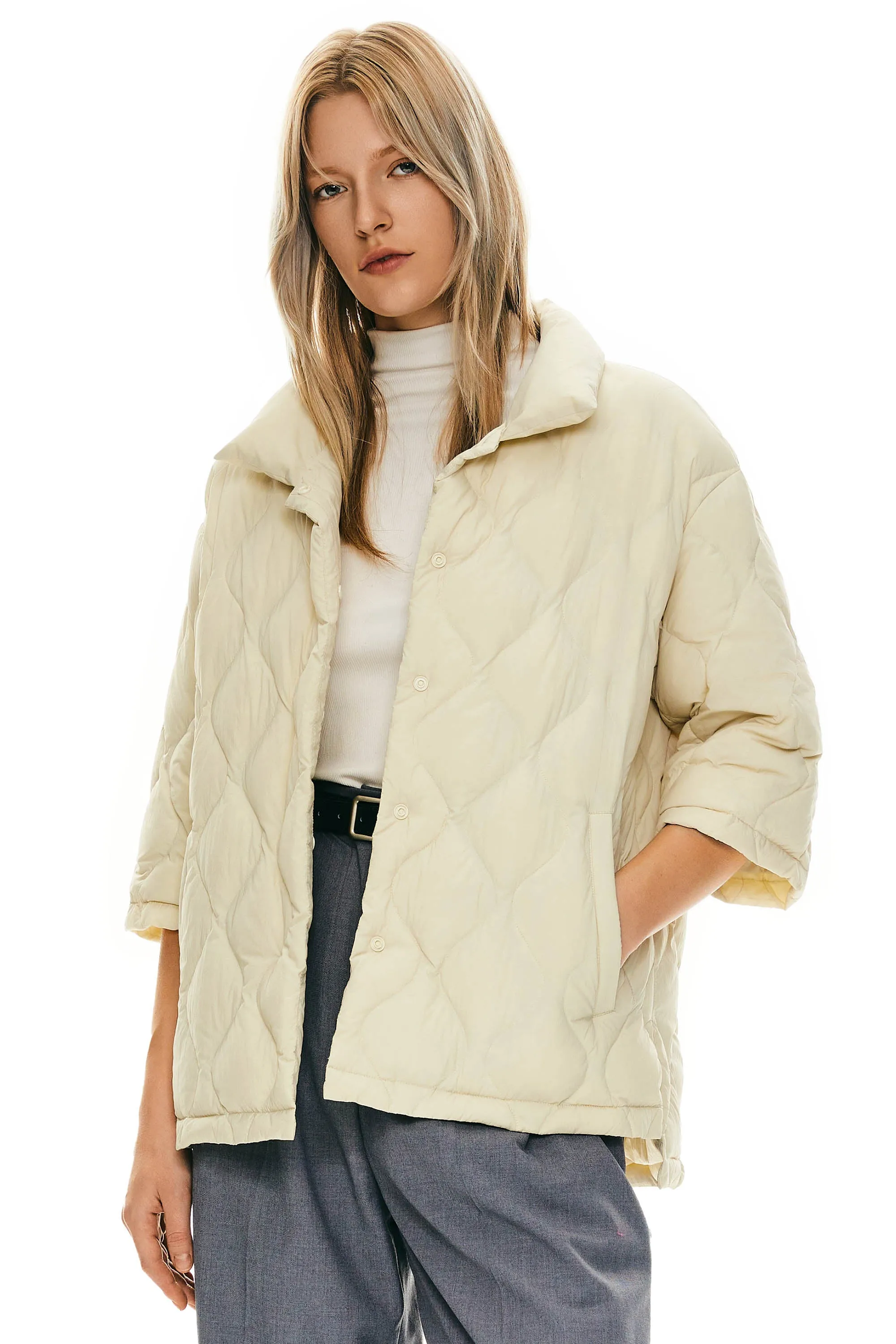 Down Puffer Jacket Three-quarter Sleeves Lightweight Oversized Flexible Mobility