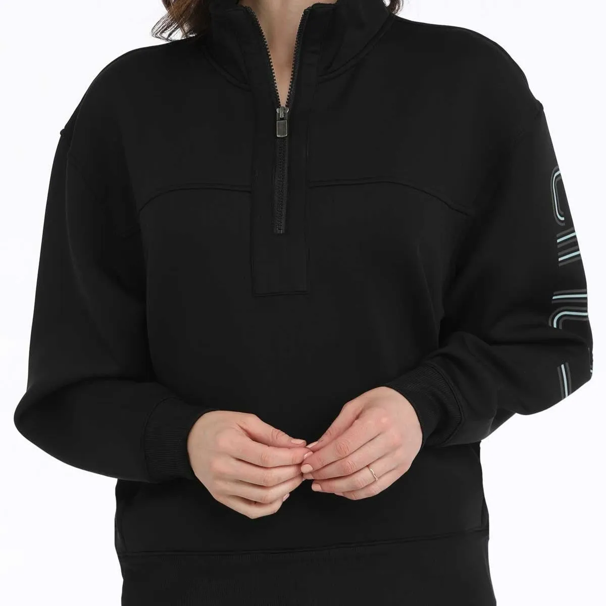 Cinch Women's Logo Sleeve 1/4 Zip Pullover Sweatshirt in Black Weekend Sporty Front Pocket