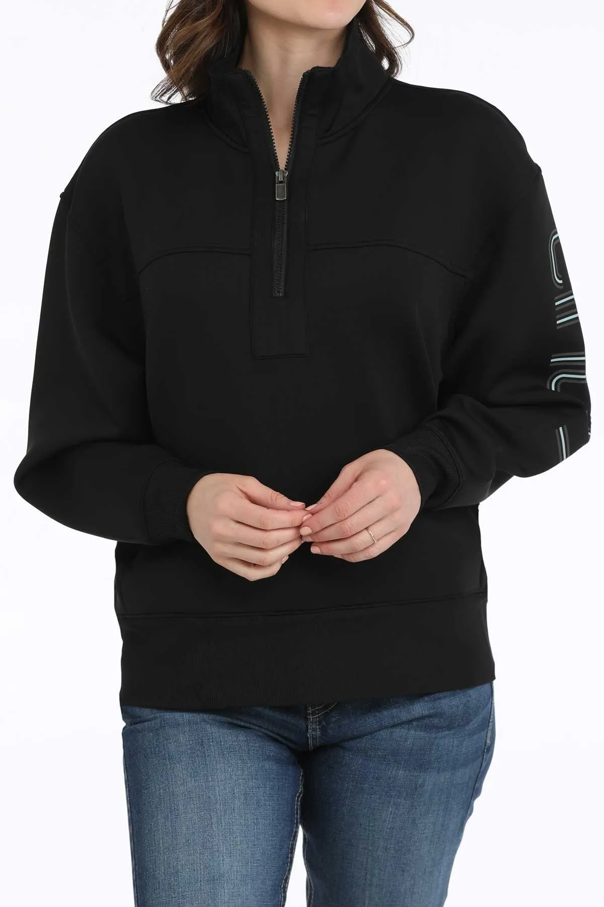 Cinch Women's Logo Sleeve 1/4 Zip Pullover Sweatshirt in Black Versatile Top Relaxed Fit