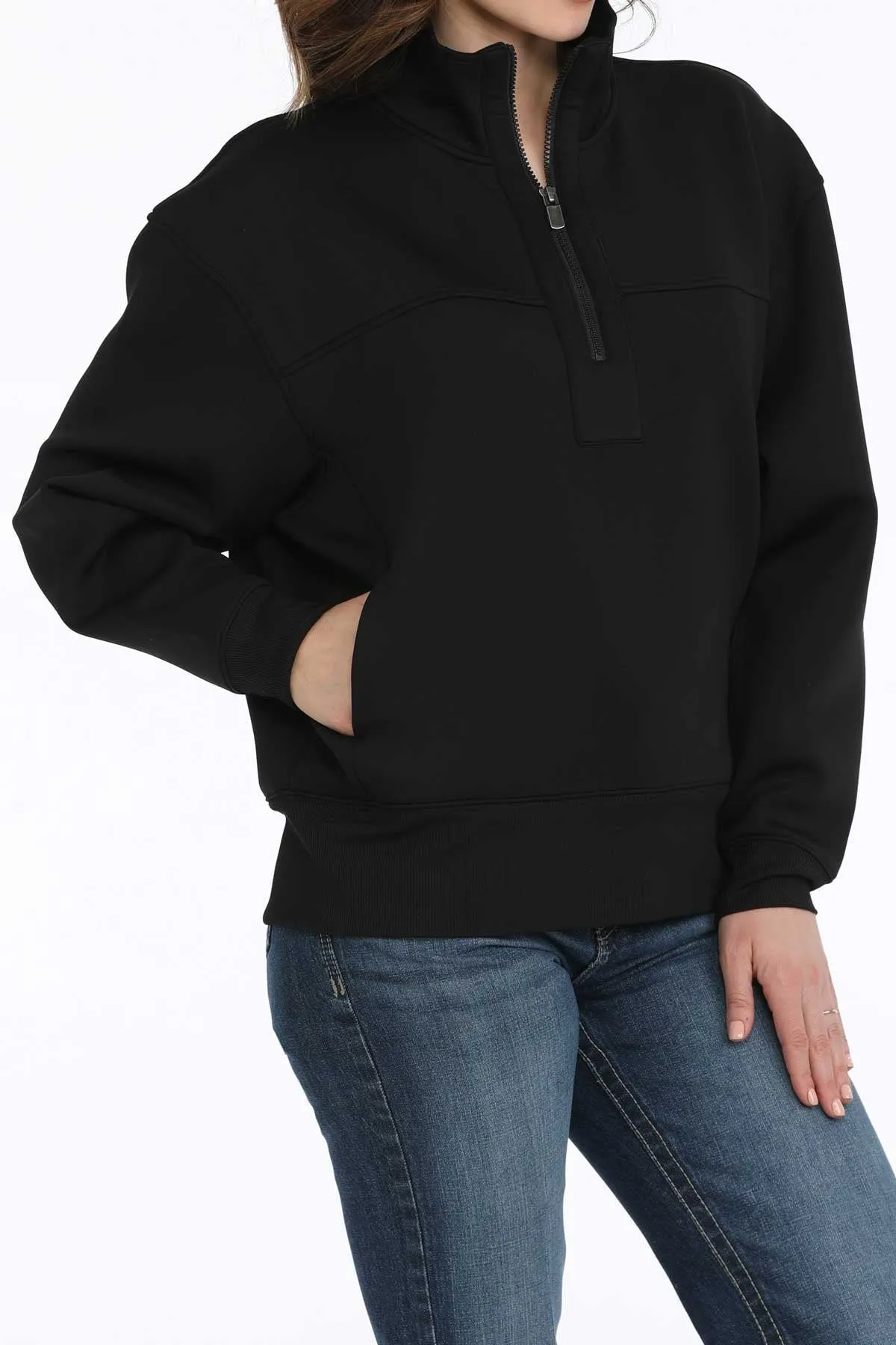 non hooded Comfy Apparel Cinch Women's Logo Sleeve 1/4 Zip Pullover Sweatshirt in Black