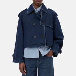 Single Buttons AdjustableCuffs Cropped Trench (Dark Blue)