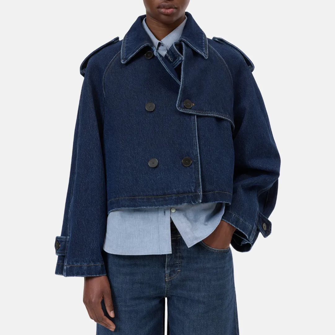 Single Buttons AdjustableCuffs Cropped Trench (Dark Blue)