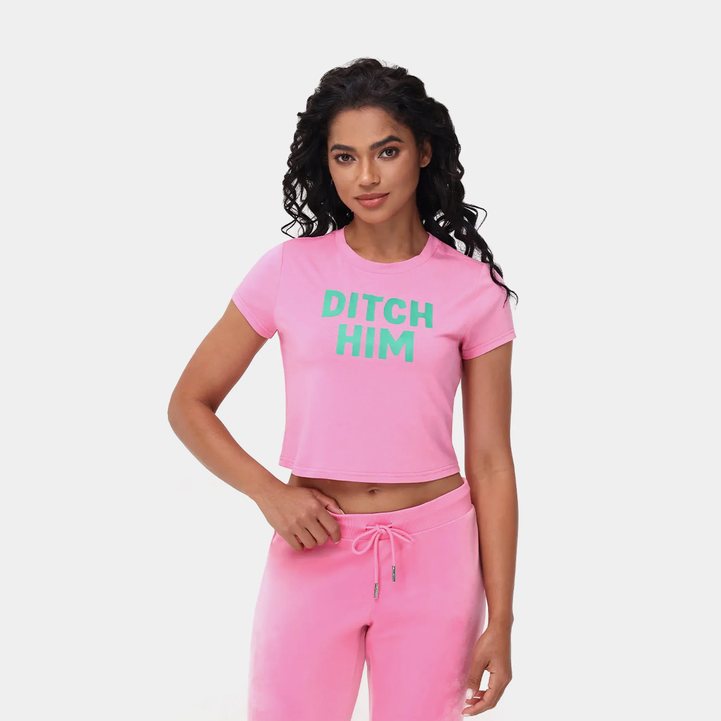 SkinFriendlyElastic Cyber Glow Ditch Him Baby Tee Womens Short Sleeve Shirt (Pink/Green)