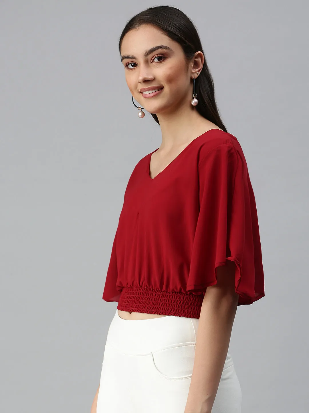 Comfy Fit Wear Women's Maroon Smocked Crepe Blouson Top