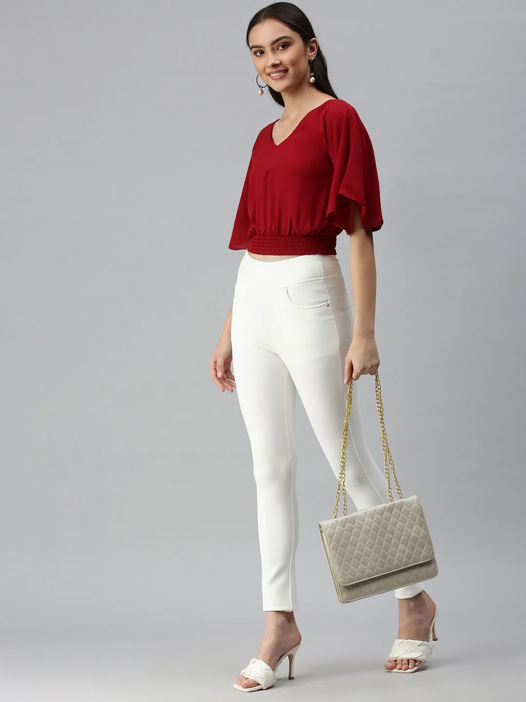 Women's Maroon Smocked Crepe Blouson Top Relaxed Design