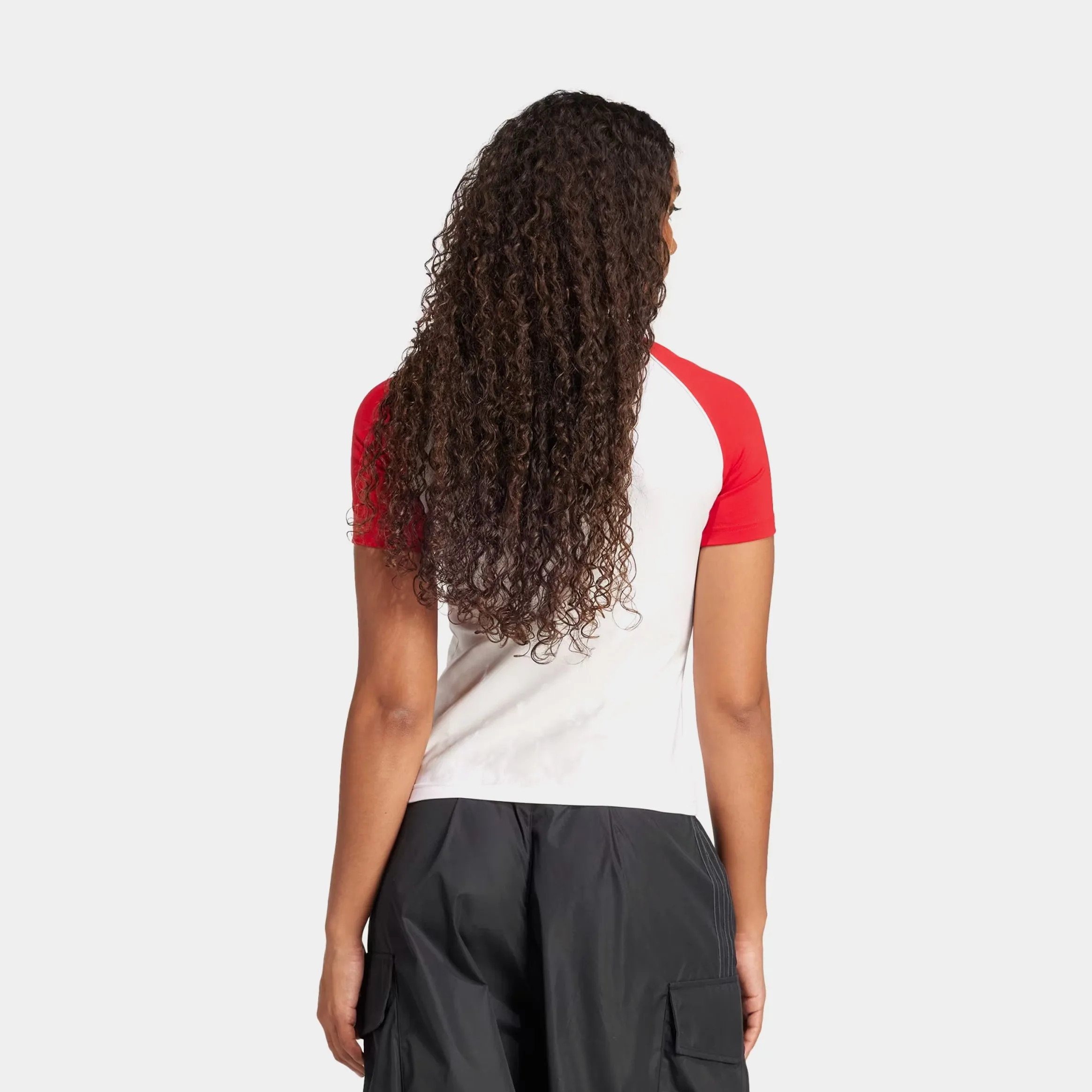 Street Style Adicolor 3 Stripes Raglan Slim Womens Short Sleeve Shirt (White/Red)