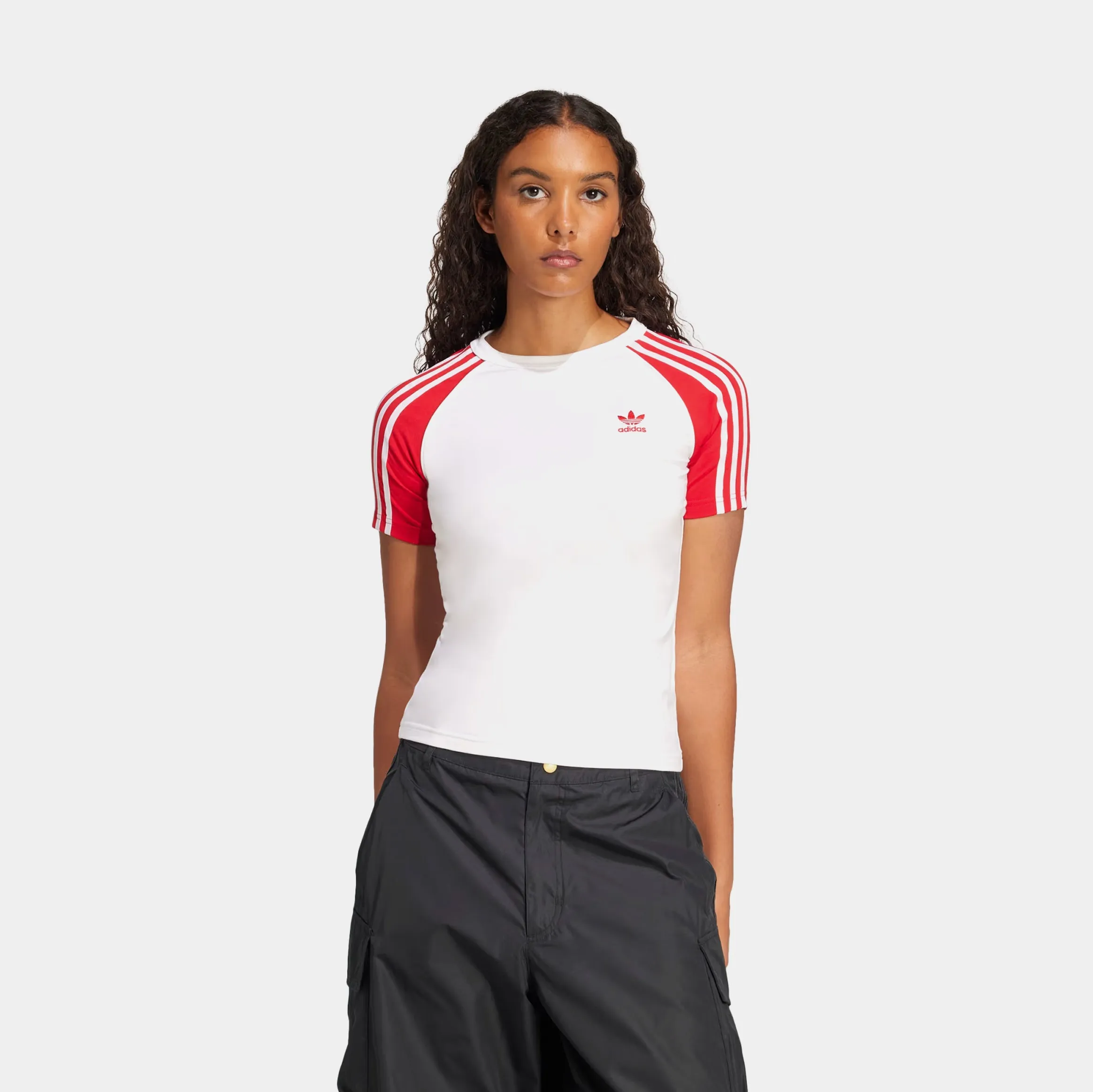Adicolor 3 Stripes Raglan Slim Womens Short Sleeve Shirt (White/Red) Match Fit