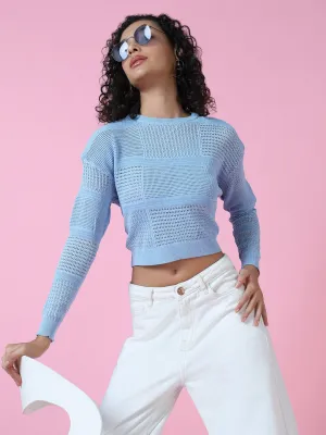 Women's Blue Crochet Crop Top Sports Outfit Casual Chic Wear